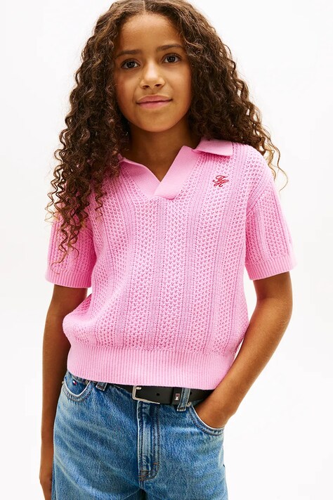 Tommy Hilfiger sweter z krótkim rękawem dziecięcy bawełniany różowy KG0KG09524