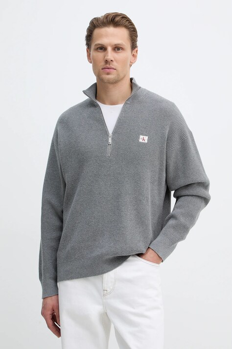 Bavlnený sveter Calvin Klein Jeans šedá farba, ľahké, s polorolákom, LV04RE308G