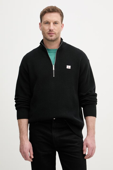 Calvin Klein Jeans sweter bawełniany męski kolor czarny lekki z półgolfem LV04RE308G