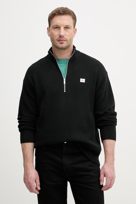 Bavlnený sveter Calvin Klein Jeans čierna farba, ľahké, s polorolákom, LV04RE308G