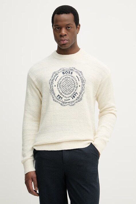 BOSS Orange sweter z dodatkiem wełny Kerbert męski kolor beżowy 50555867