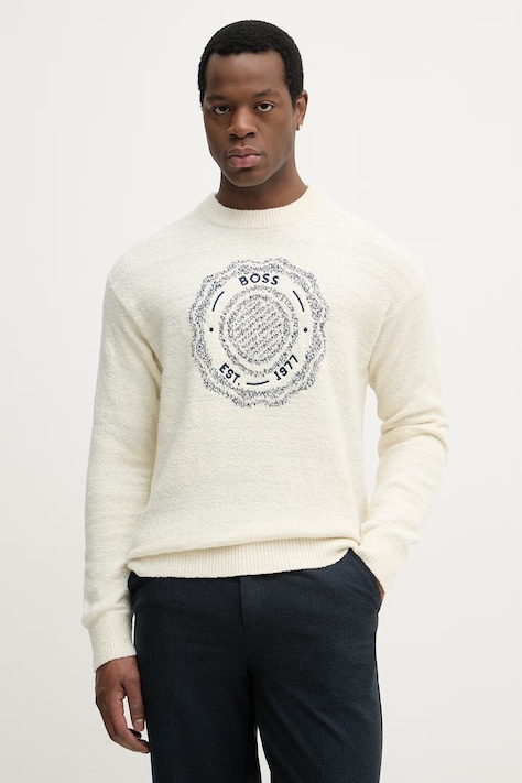 BOSS Orange sweter z dodatkiem wełny Kerbert męski kolor beżowy 50555867