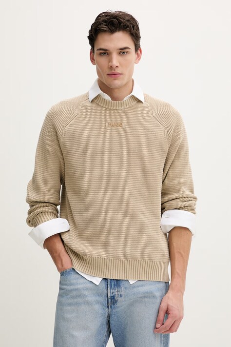 HUGO sweter bawełniany Swayne męski kolor beżowy 50553609