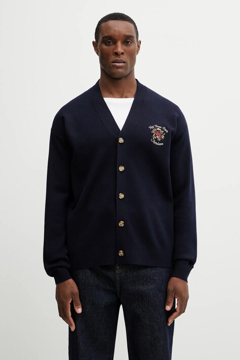 Drôle de Monsieur woolen cardigan Le Cardigan Slogan Rose navy blue color I.CA166.WO007.NY