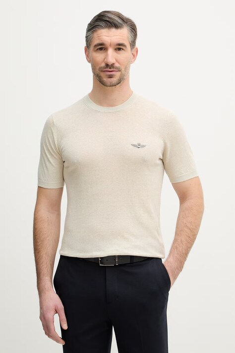 Aeronautica Militare t-shirt lniany męski kolor beżowy gładki MA1624UL00935