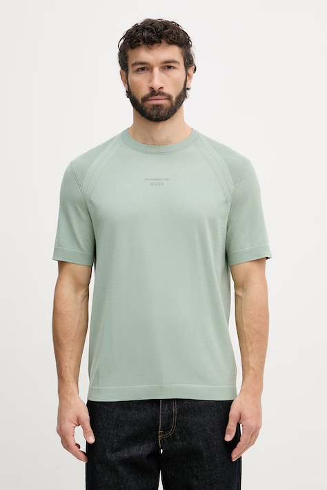 BOSS Green t-shirt z jedwabiem BOSS X PORSCHE męski kolor zielony gładki 50558363