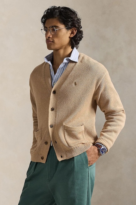 Polo Ralph Lauren kardigan bawełniany COTTON-SWEATER-CARDIGAN męski kolor brązowy 710B13887003