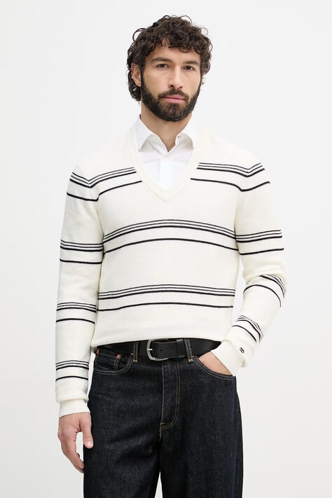 Tommy Hilfiger πουλόβερ ανδρικό βαμβακερό μπεζ MW0MW42841