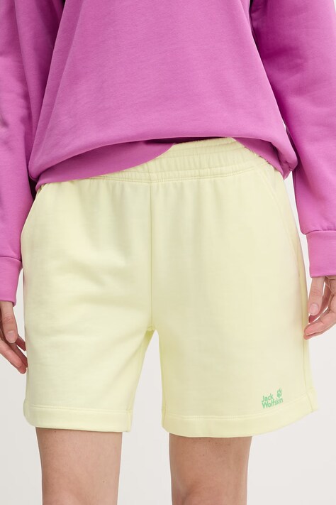Jack Wolfskin szorty dresowe damskie bawełniane Celebrate The Paw żółte high waist A65909