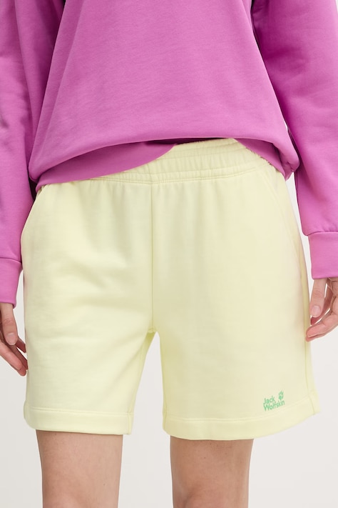 Jack Wolfskin szorty dresowe damskie bawełniane Celebrate The Paw żółte high waist A65909