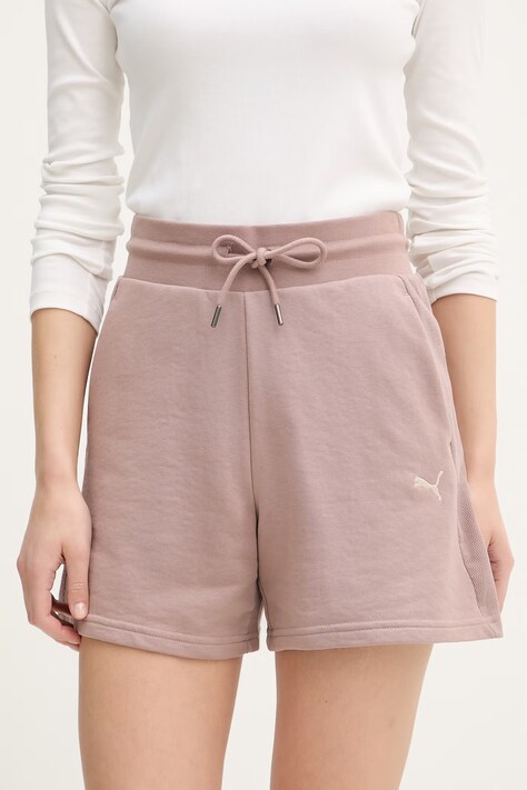 Puma szorty dresowe damskie z bawełną Class brązowe high waist 691874