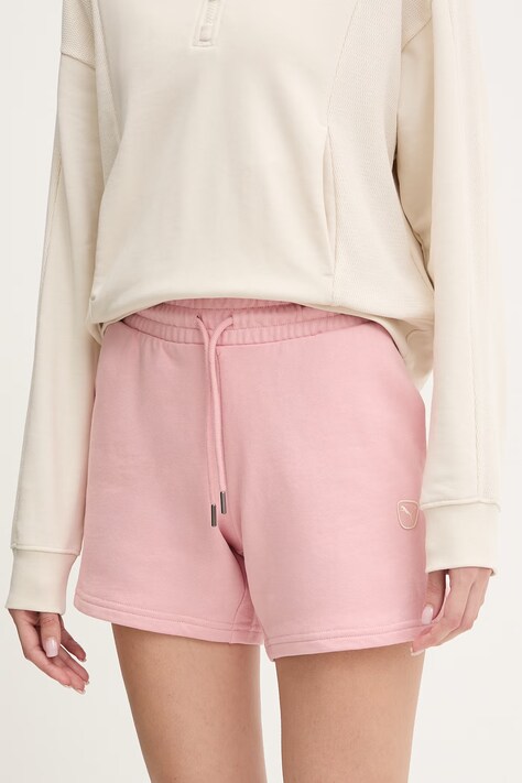 Puma szorty bawełniane Essential elevated damskie kolor różowy gładkie high waist 691859