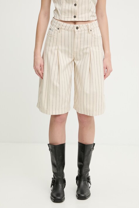 Guess Jeans szorty damskie bawełniane beżowe high waist W6GDY5 D7961