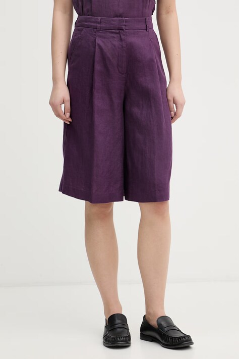 United Colors of Benetton kratke hlače ženske lanene vijolične klasičen pas 4AGHD902L