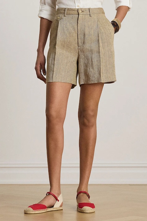Lauren Ralph Lauren szorty eleganckie damskie lniane beżowe high waist