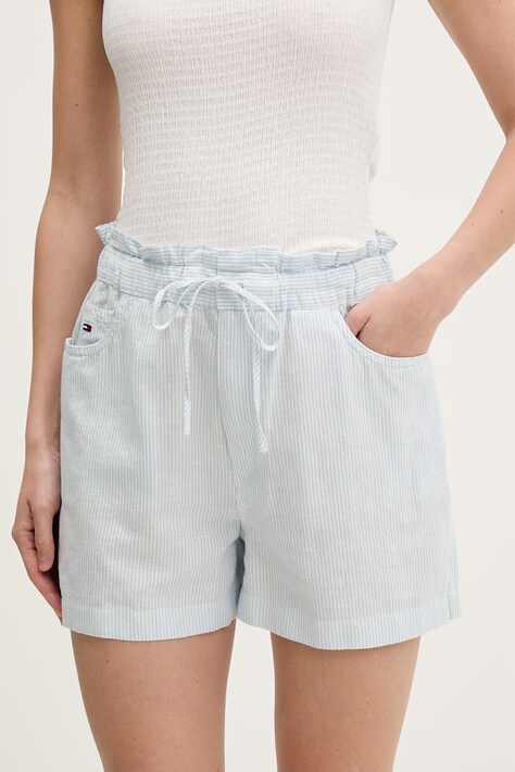 Tommy Jeans szorty damskie z lnem niebieskie high waist DW0DW22227