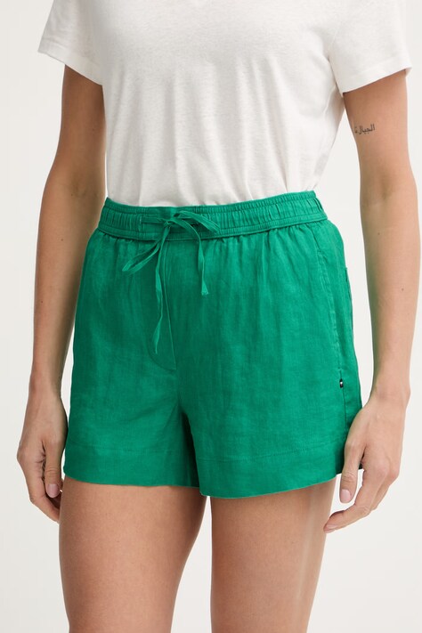 Tommy Hilfiger σορτς Γυναικεία λινά πράσινα ψηλή WW0WW49637