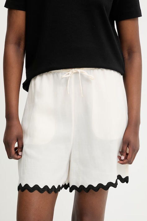 HUGO szorty damskie z dodatkiem lnu Haslala-1 beżowe high waist 50557546