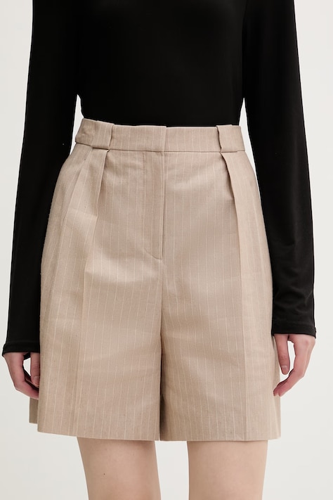 HUGO szorty eleganckie damskie z dodatkiem lnu Hamonu beżowe high waist 50559853