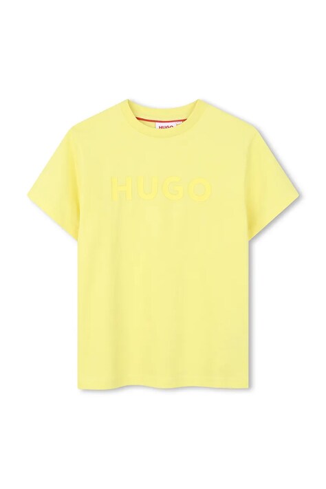 HUGO t-shirt bawełniany dziecięcy kolor żółty z nadrukiem G01014