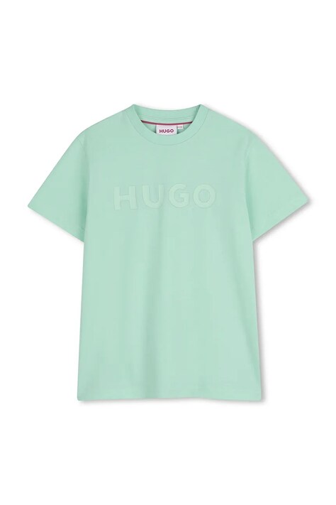 HUGO t-shirt bawełniany dziecięcy kolor turkusowy z nadrukiem G01014