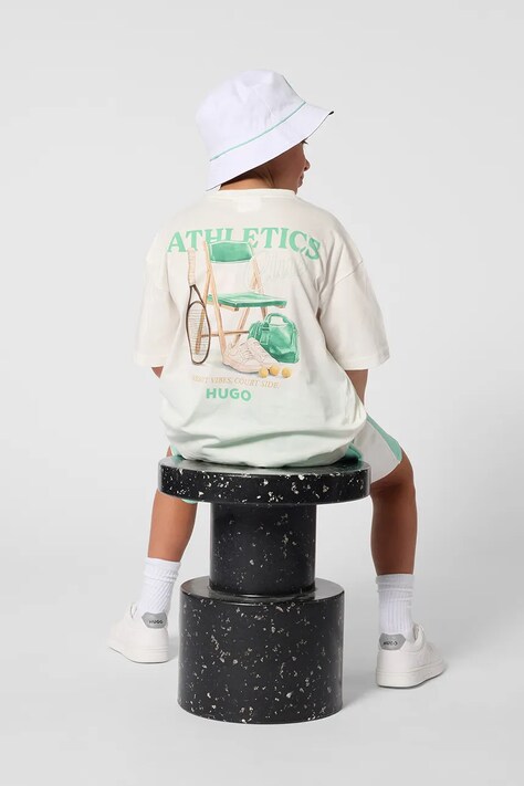 Детская хлопковая футболка HUGO цвет бежевый с принтом G01023