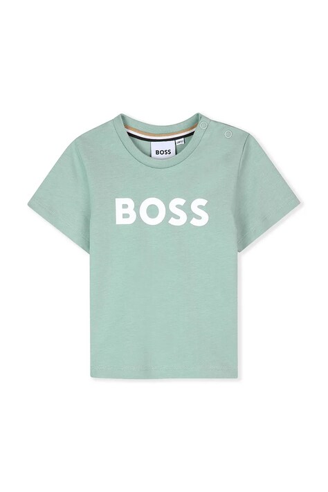 BOSS t-shirt bawełniany niemowlęcy kolor turkusowy z nadrukiem J52712