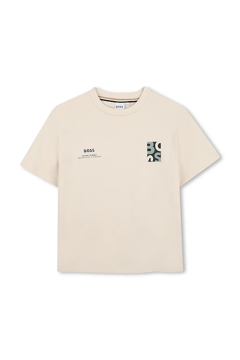 Dječja pamučna majica kratkih rukava BOSS boja: bež, s tiskom, J52974