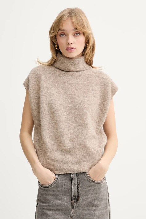 Gestuz kamizelka z dodatkiem wełny damski kolor beżowy z golfem 10910853