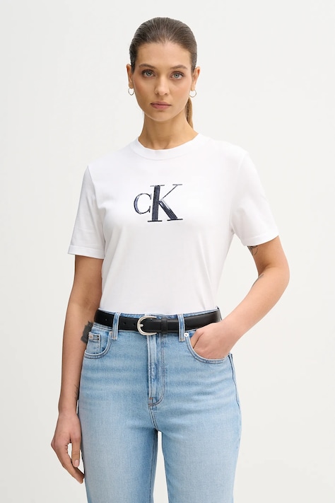 Bavlněné tričko Calvin Klein Jeans dámské, bílá barva, LV044E215G