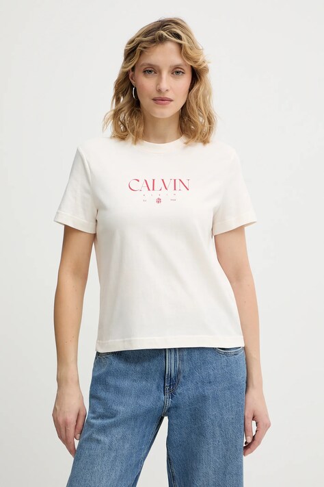 Calvin Klein Jeans t-shirt bawełniany damski kolor beżowy LV047E813G