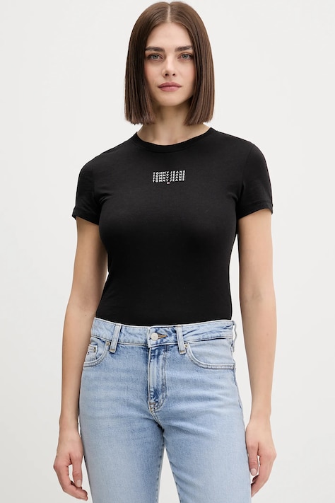 Памучна тениска Tommy Jeans дамска в черно DW0DW21841
