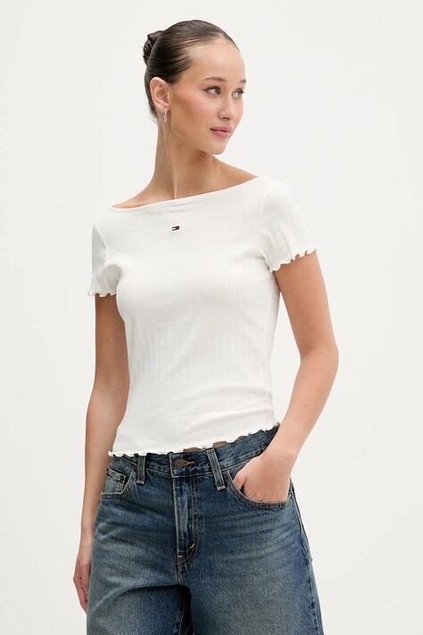 Tričko Tommy Jeans dámske, béžová farba, DW0DW22460