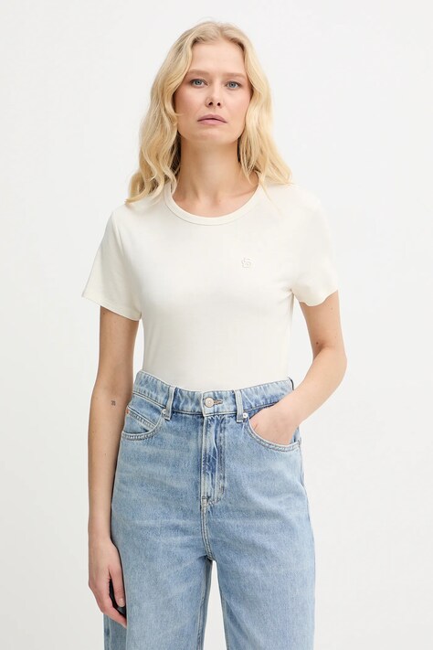 BOSS t-shirt z domieszką jedwabiu Eventsa9 damski kolor beżowy 50555071