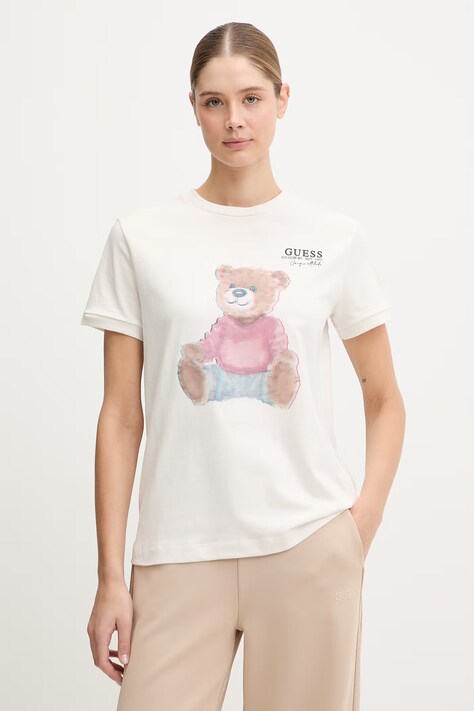 Guess t-shirt bawełniany CARLA damski kolor beżowy V6RI08 K8FQ4