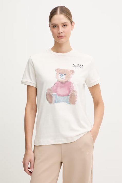 Guess t-shirt bawełniany CARLA damski kolor beżowy V6RI08 K8FQ4