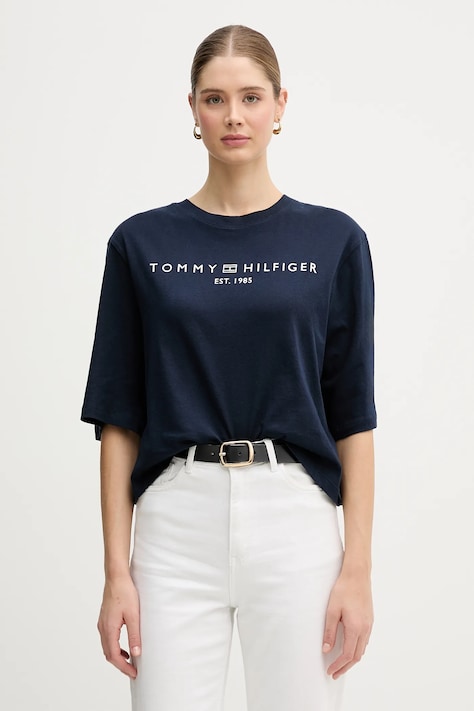 Pamučna majica Tommy Hilfiger za žene, boja: tamno plava, WW0WW47811