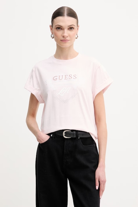 Guess t-shirt bawełniany damski kolor różowy W6RI30 I3Z14
