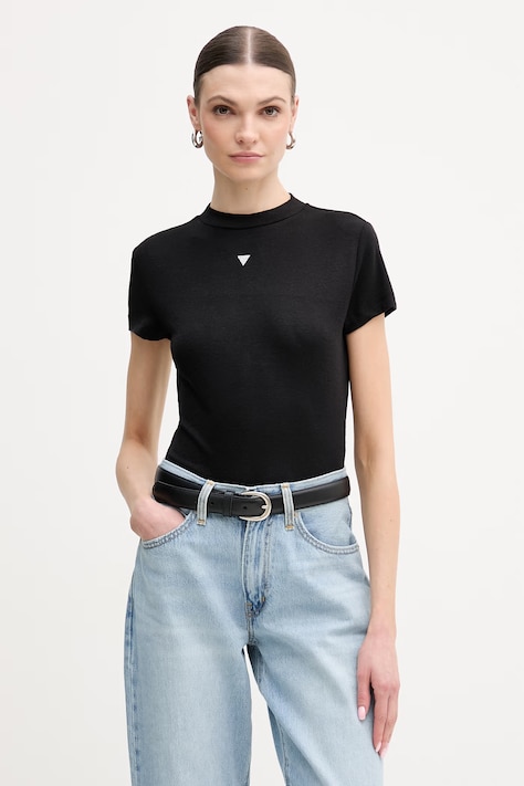 Тениска с коприна Guess TINA дамска в черно W6RP99 KCNH2