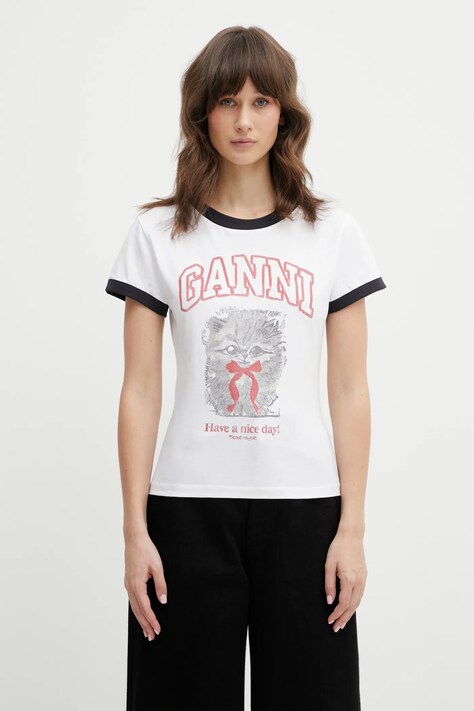 GANNI t-shirt bawełniany A1050030 damski kolor biały A1050030