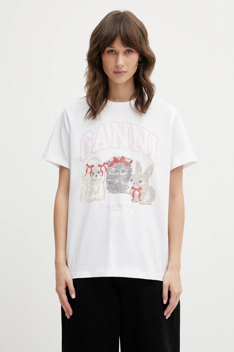 GANNI t-shirt bawełniany A1050029 damski kolor biały A1050029