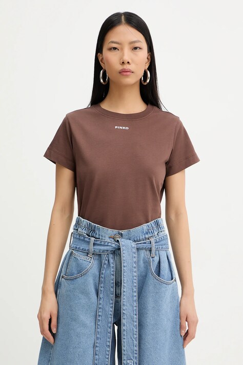 Bavlněné tričko Pinko dámské, hnědá barva, 100373 A34F