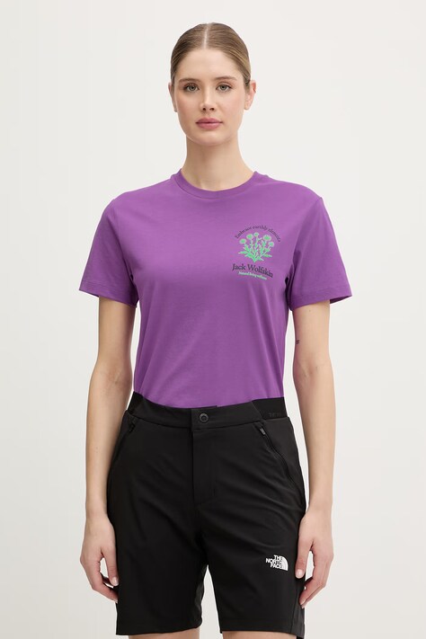 Jack Wolfskin t-shirt basic damski bawełniany Carefree fioletowy A65756