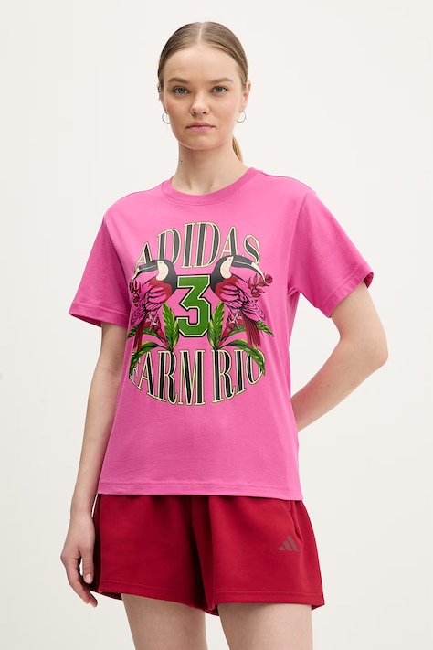 Памучна тениска adidas x Farm Rio дамска в розово KD4640