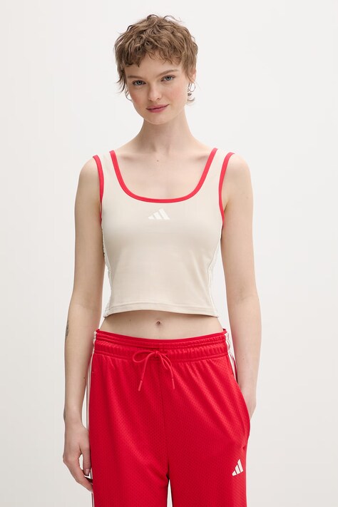 adidas crop top damski bawełniany z elastanem Stadium beżowy KE9575