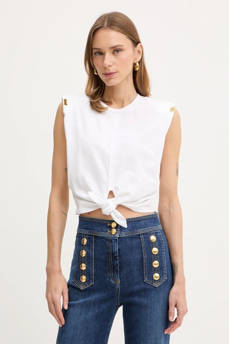 Elisabetta Franchi bluzka bawełniana damska kolor biały gładka MA01161E2