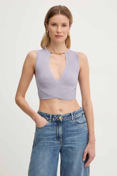 Elisabetta Franchi bluzka kopertowa damska z wiskozy fioletowa gładka TK76S61E2