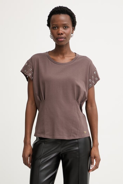 Liu Jo t-shirt damski bawełniany z elastanem brązowy TA6251 JS003