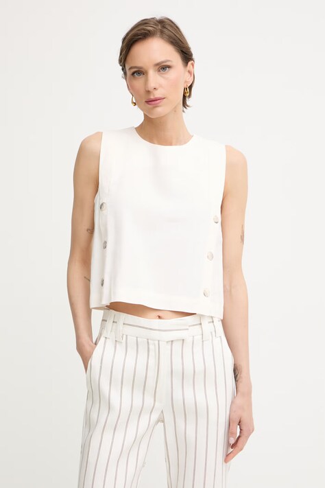 Marella bluzka na ramiączkach damska z dodatkiem lnu MLMUNIONE beżowa gładka 2613161025200