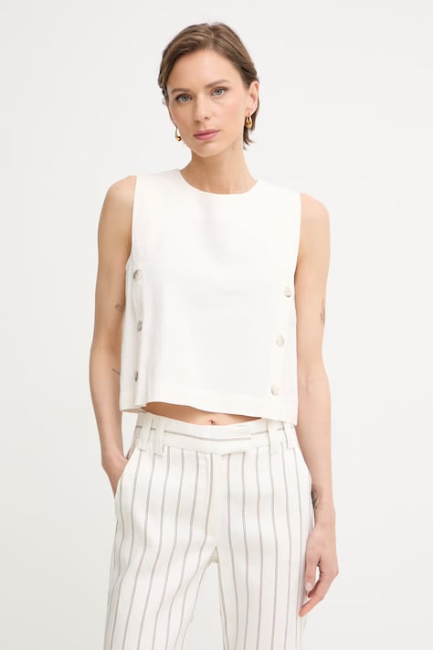 Marella bluzka na ramiączkach damska z dodatkiem lnu MLMUNIONE beżowa gładka 2613161025200